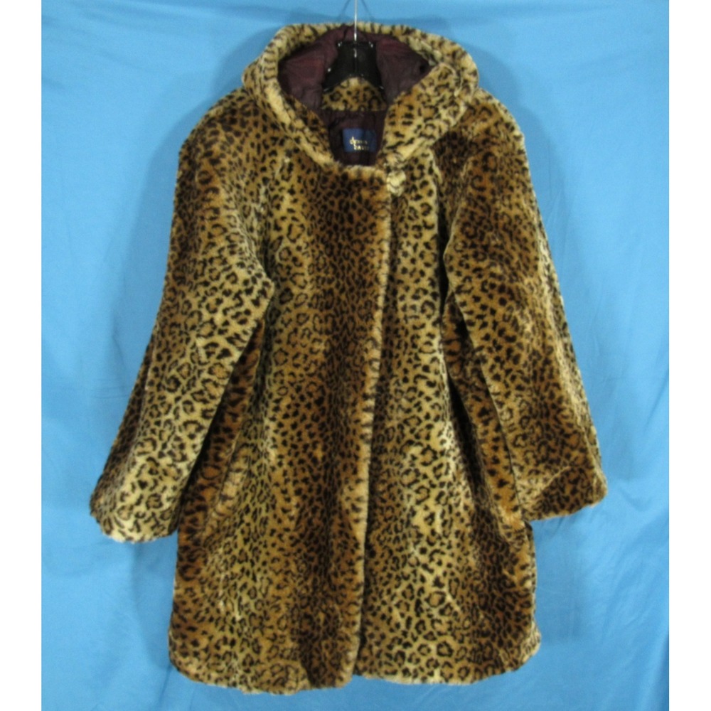 DENNIS BASSO Brown LEOPARD FAUX FUR Zip/Hook & Eye POCKETS Hooded JACKET Sz M